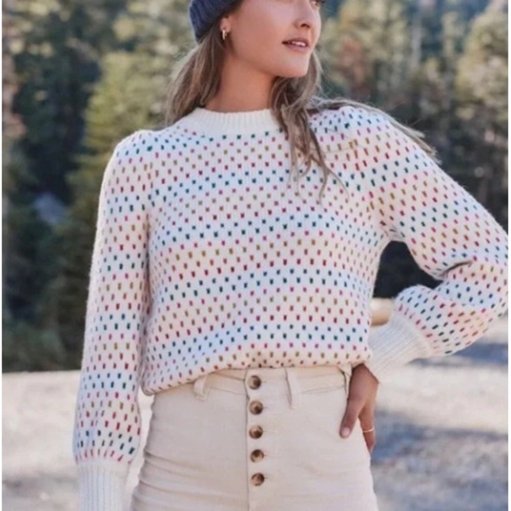 Marine Layer Cream Crewneck Sweater with Multicolor Dot Pattern